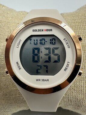 Golden Hour Digital Watch Women Rose Gold Tone Bezel Beige Band New Battery